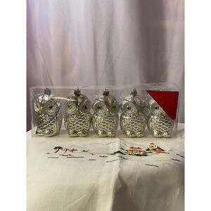 Owl Christmas Ornaments, Pack of Five (5), Silvertone plastic